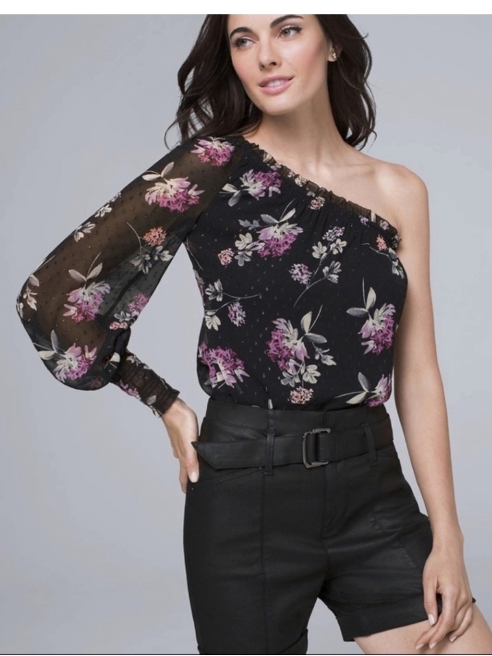 White House Black Market One-Shoulder Black Floral Blouse with Sheer Sleeve